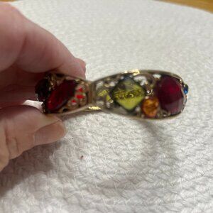 Ornate GOLD TONE Metal Stretch Bracelet with JEWEL TONED GLASS STONES #181E